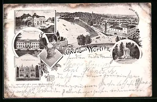 Vorläufer-AK Wörlitz, 1895, Hotel Eichenkranz, Venus-Tempel, Gothisches Haus