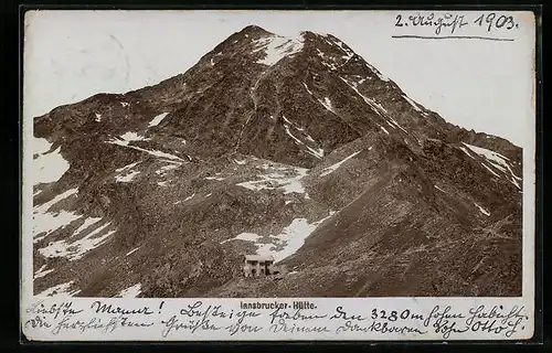 AK Fritz Gratl: Inssbrucker Hütte, Berghütte am Pinnisjoch