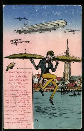 Künstler-AK Ulm, Der Schneider von Ulm wagte den ersten Flug am 31. V. 1811, Zeppelin