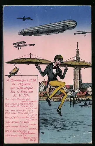 Künstler-AK Ulm, Der Schneider von Ulm wagte den ersten Flug am 31. V. 1811, Zeppelin