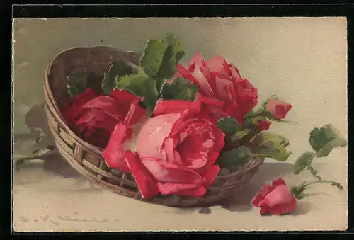 Künstler-AK Catharina Klein: Rote Rosen im Korb