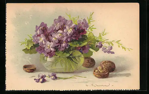 Künstler-AK Catharina Klein: Veilchen in Vase mit Walnüssen