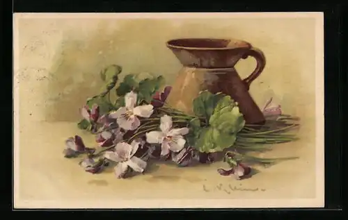 Künstler-AK Catharina Klein: Hübsche Blumen mit brauner Vase
