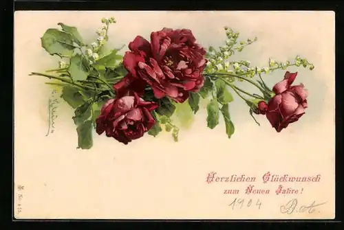 Künstler-AK Catharina Klein: 3 rote Rosen mit Maiglöckchen