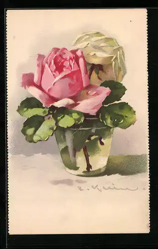 Künstler-AK Catharina Klein: Rosane und weisse Rose in Vase