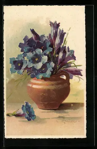 Künstler-AK Catharina Klein: Steingut-Vase mit blauen Blumen