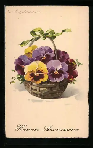 Künstler-AK Catharina Klein: Körbchen mit violetten und gelben Stiefmütterchen, Neujahrsgruss