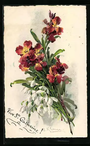 Künstler-AK Catharina Klein: Blumenstrauss mit roten Blüten und Schneeglöckchen