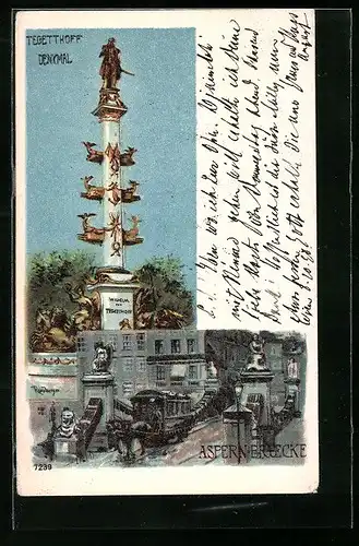 Lithographie Wien, Tegetthoff-Monument und Aspernbrücke