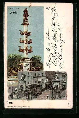 Lithographie Wien, Tegetthoff-Monument und Aspernbrücke