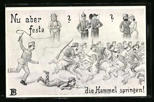 AK Deutscher Soldat vertreibt die Feinde mit der Peitsche, Propaganda 1. Weltkrieg
