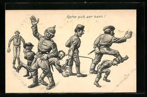AK Deutscher Soldat schlägt seine Gegner in die Flucht, Propaganda 1. Weltkrieg