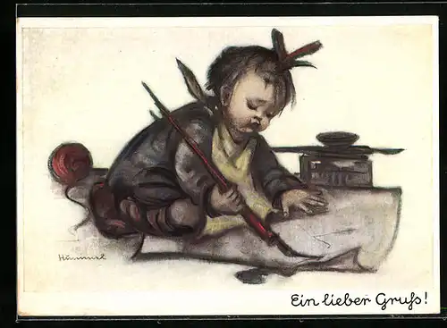 Künstler-AK Hummel: Kleines Mädchen schreibt einen Brief, Ein lieber Gruss!
