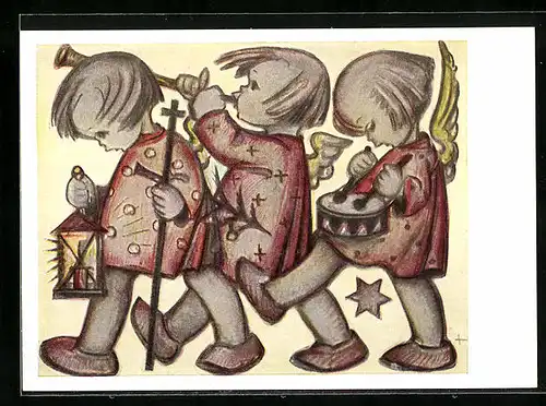 Künstler-AK Hummel: Drei Engel musizieren gemeinsam, Die drei Engelbuben