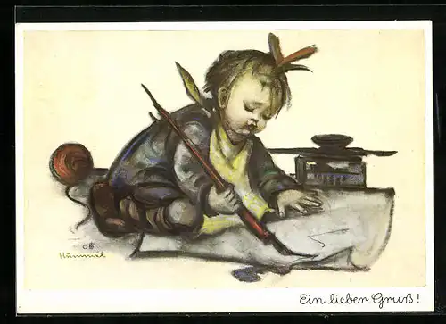 Künstler-AK Hummel: Kleines Mädchen schreibt einen Brief, Ein lieber Gruss!