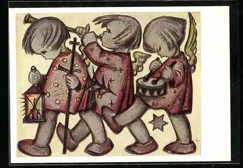 Künstler-AK Hummel: Engel mit Musikinstrumenten, Die drei Engelbuben