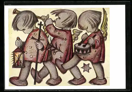 Künstler-AK Hummel: Engel beim gemeinsamen Musizieren, Die drei Engelbuben