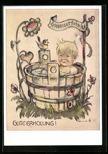 Künstler-AK Hummel: Junge sitzt im Badezuber, Gute Erholung!