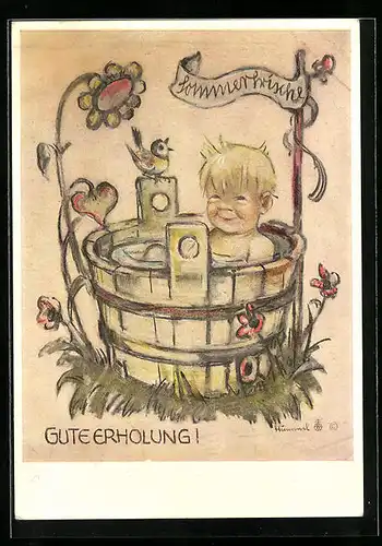 Künstler-AK Hummel: Junge sitzt vergnügt im Badezuber, Gute Erholung!