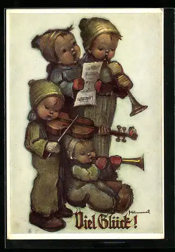 Künstler-AK Hummel: Kinder stimmen ein Lied an, Viel Glück!