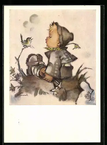 Künstler-AK Hummel: Junge singt zusammen mit einem Vogel, Ein frohes Lied