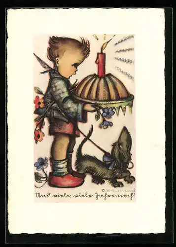 Künstler-AK Hummel: Junge gratuliert mit einem Kuchen, Und viele, viele Jahre noch!