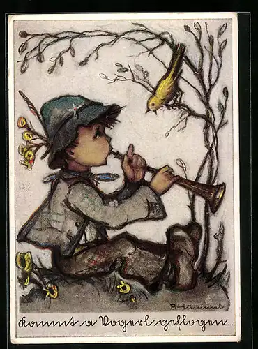 Künstler-AK Hummel: Junge spielt auf der Flöte und betrachtet den Vogel im Baum