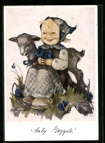 Künstler-AK Hummel: Mädchen sitzt auf der Wiese und hütet die Ziege