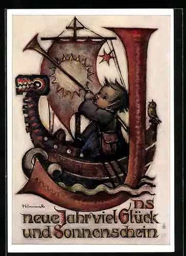 Künstler-AK Hummel: Kleiner Junge mit Fanfare auf einem Schiff, Ins neue Jahr viel Glück und Sonnenschein