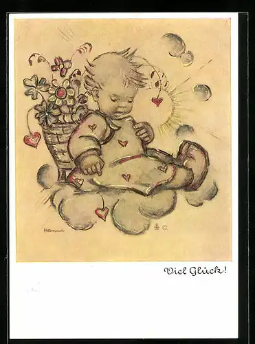 Künstler-AK Hummel: Kleiner Junge mit einem Korb voller Blumen, Viel Glück!