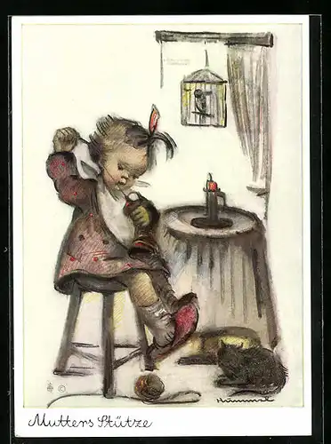 Künstler-AK Hummel: Mädchen stopft einen Strumpf, Mutters Stütze