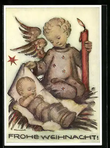 Künstler-AK Hummel: Weihnachtsengel betrachtet das Christkind, Frohe Weihnachten!