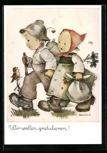 Künstler-AK Hummel: Junge und Mädchen auf Wanderschaft, Wir wollen gratulieren!