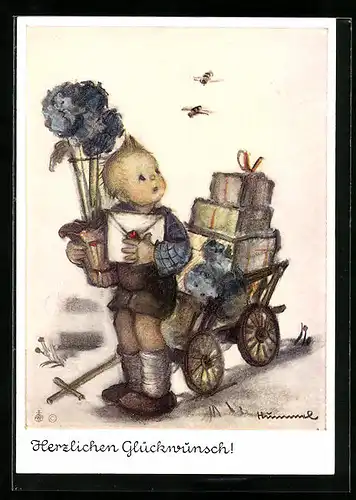 Künstler-AK Hummel: Junge bringt Blumen und Geschenke mit seinem Wägelchen, Herzlichen Glückwunsch!