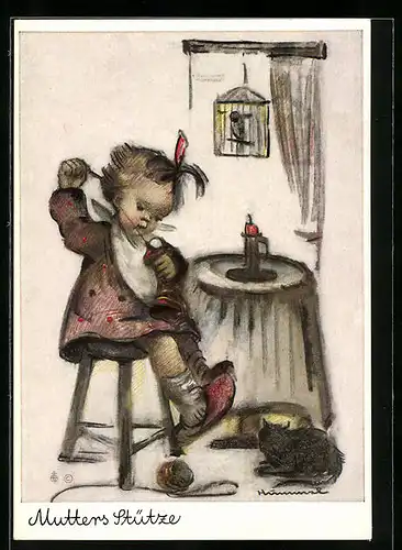 Künstler-AK Hummel: Mädchen stopft einen Strumpf, Mutters Stütze