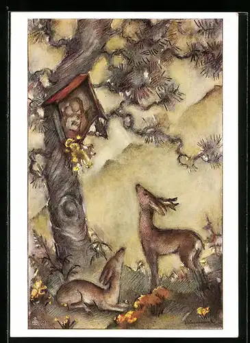 Künstler-AK Hummel: Rehe betrachten einen Bildstock am Baum