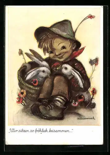 Künstler-AK Hummel: Kleiner Junge sitzt zusammen mit seinen Kaninchen auf der Wiese