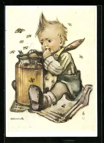 Künstler-AK Hummel: Kleiner Junge nascht vom Honig