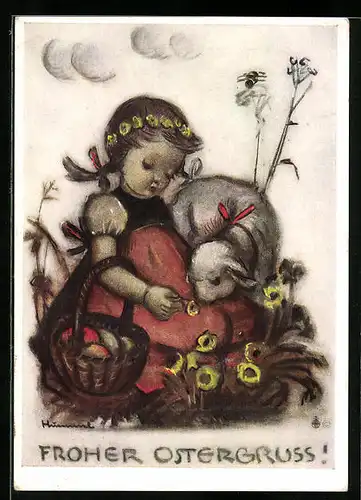 Künstler-AK Hummel: Mädchen sitzt mit einem Schaf auf der Wiese, Froher Ostergruss!