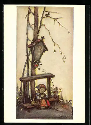 Künstler-AK Hummel: Mädchen sitzt betend unter dem Bildstock