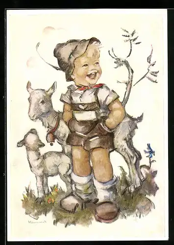 Künstler-AK Hummel: Lachender Junge hütet die Ziegen