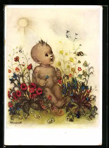 Künstler-AK Hummel: Kleinkind sitzt auf der Wiese, Vom Himmel gefallen