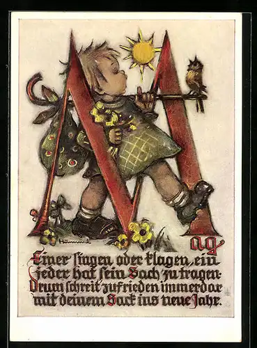 Künstler-AK Hummel: Mädchen stapft vergnügt durch den sonnigen Tag