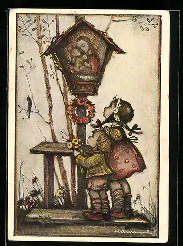 Künstler-AK Hummel: Kinder stehen betend am Bildstock