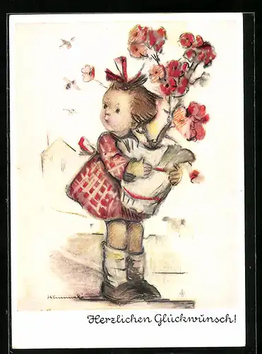 Künstler-AK Hummel: Mädchen gratuliert mit einem grossen Blumentopf, Herzlichen Glückwunsch!