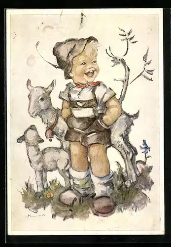 Künstler-AK Hummel: Junger Ziegenhirt mit seinen Tieren