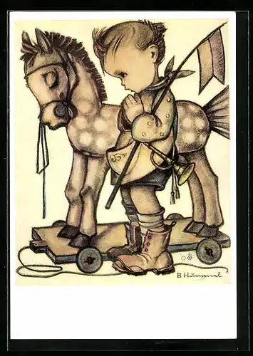 Künstler-AK Hummel: Junge mit Spielzeugpferd