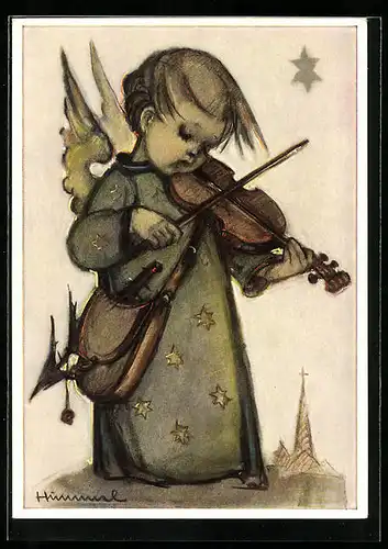 Künstler-AK Hummel: Engel spielt auf der Geige