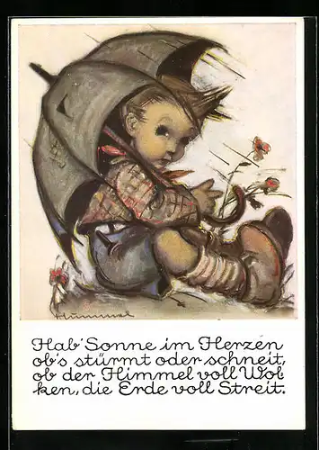 Künstler-AK Hummel: Junge sitzt unter dem Regenschirm