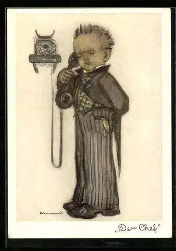 Künstler-AK Hummel: Kleiner Junge im Anzug mit Telefonhörer in der Hand, Der Chef